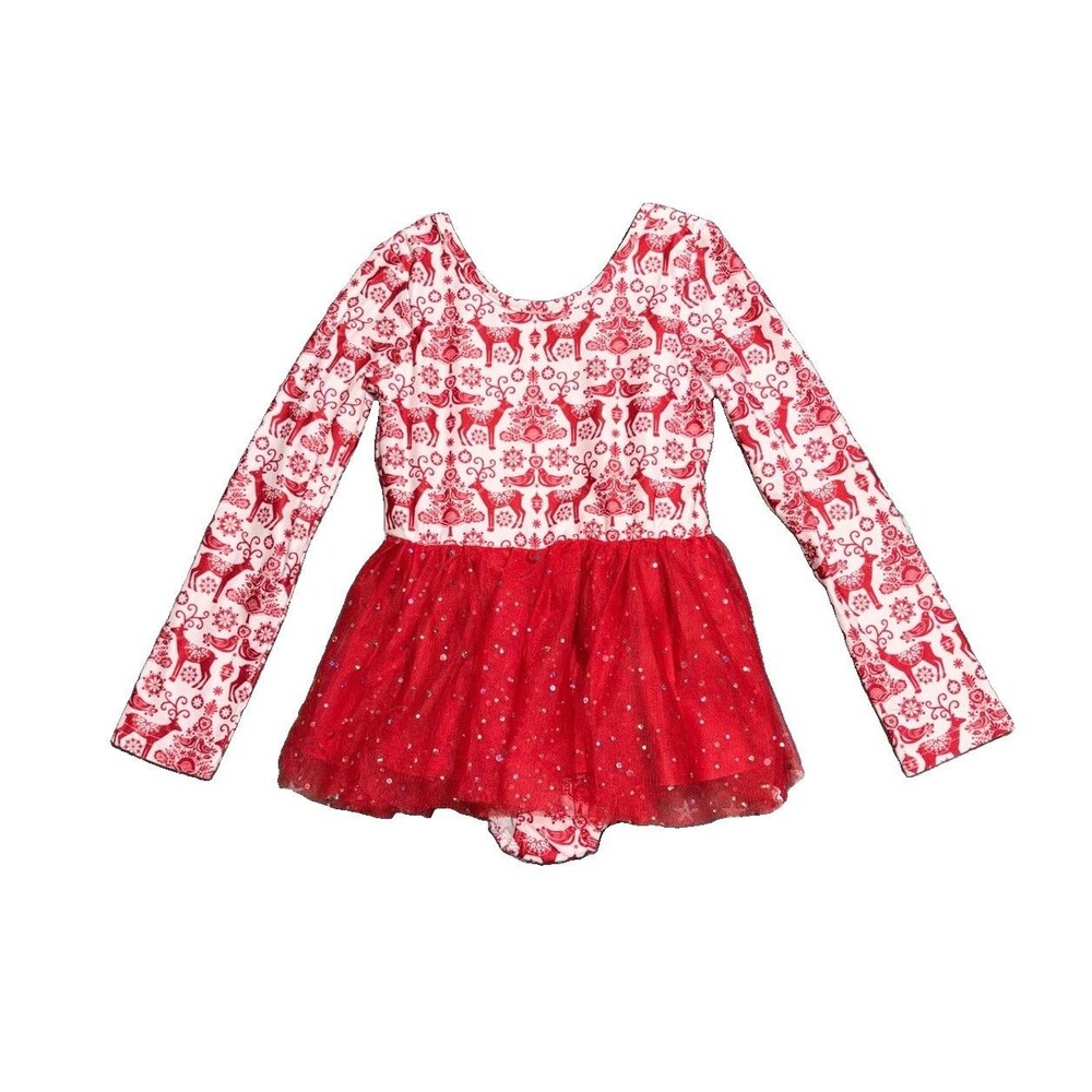 Cheeky Plum Girls 5T Christmas Leotard Tutu Dress Red Reindeer Sparkle Ballet